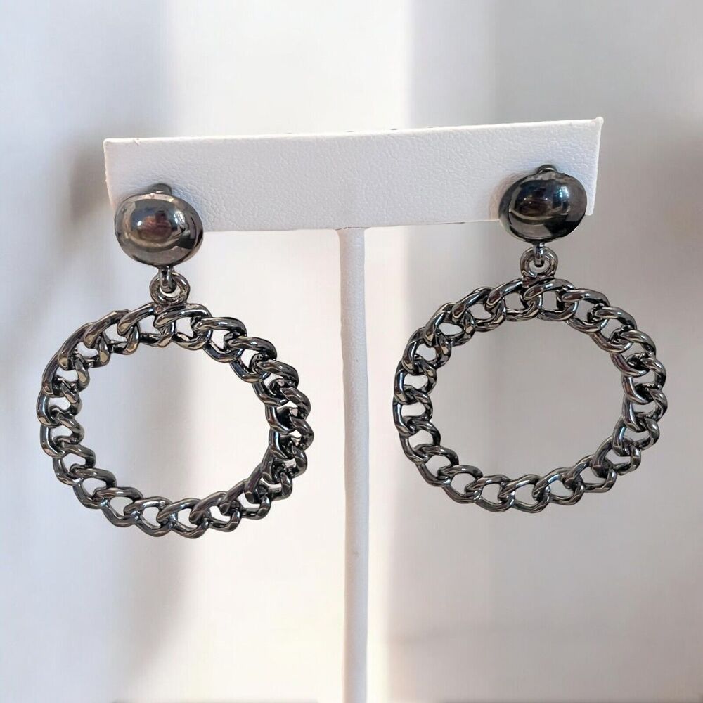 New Statement Earrings Hematite Tone Link Design Hoop - 11B